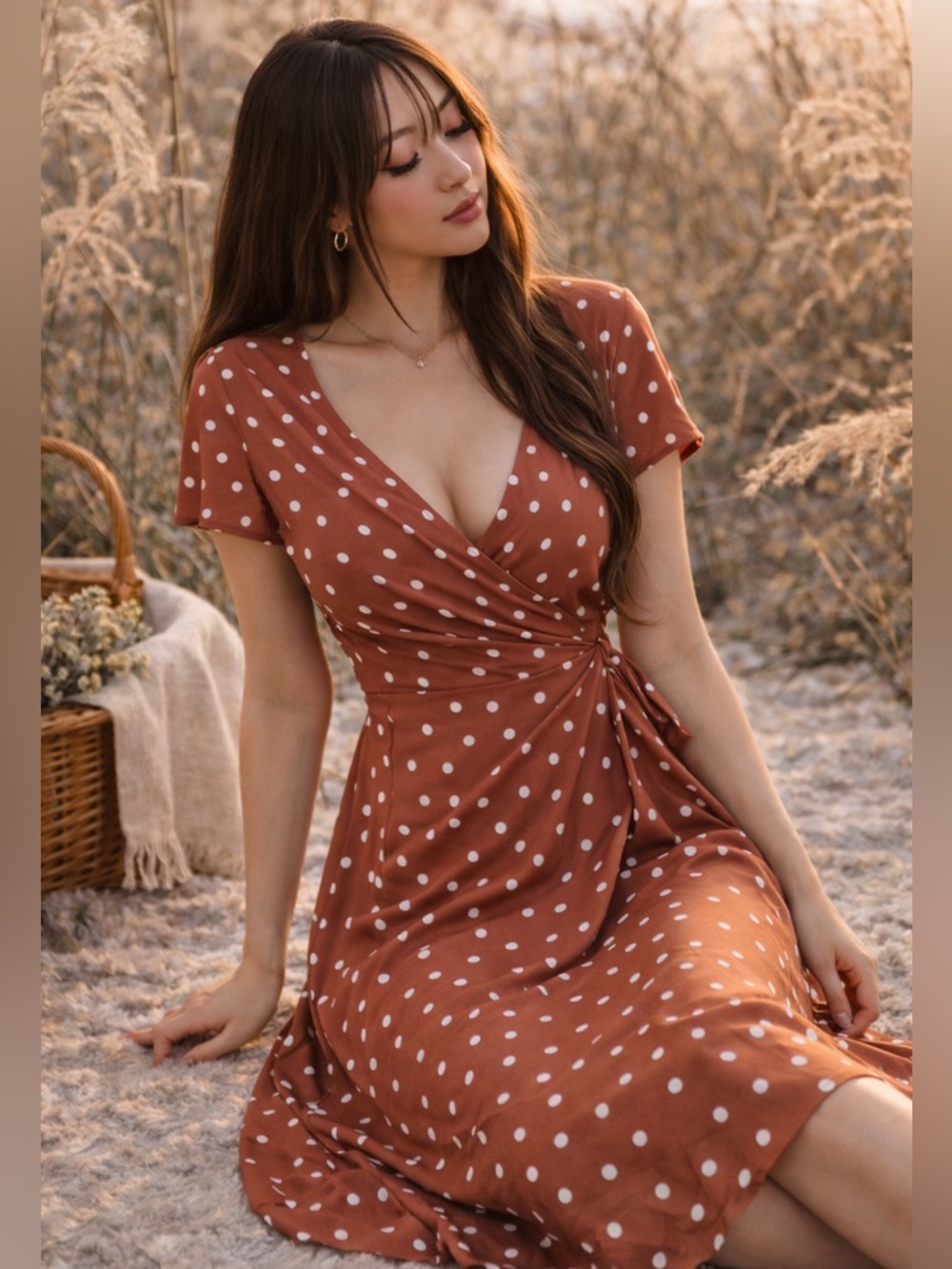 Storybook Strolls flowy terracotta wrap + tie waist pocketed dress